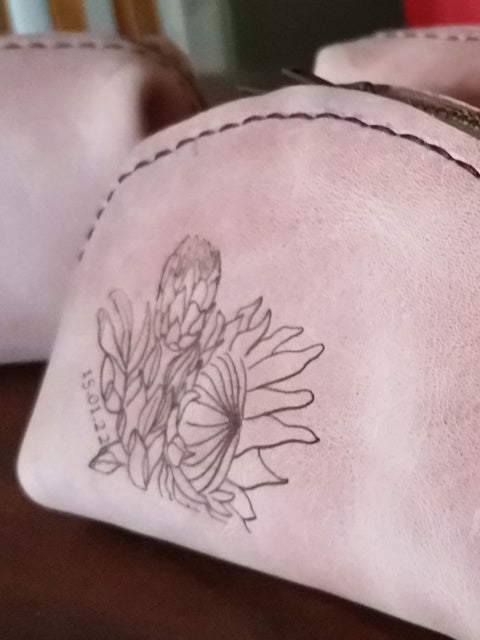 Hand Stitched Leather Bags with Protea etching