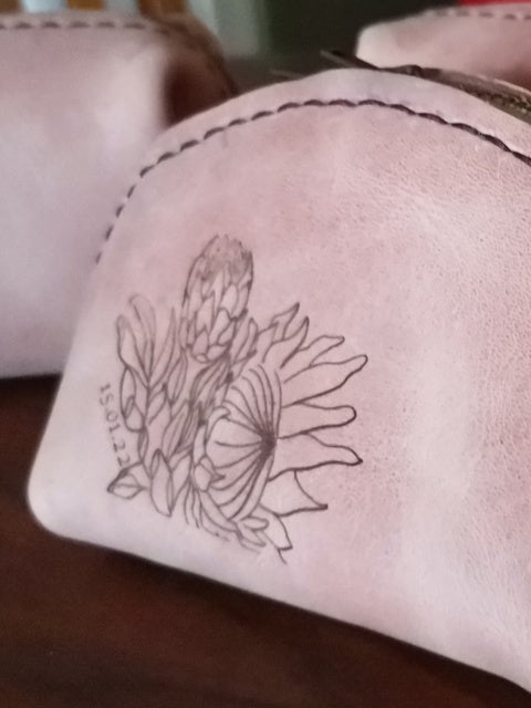 Hand Stitched Leather Bags with Protea etching