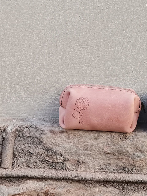 Hand Stitched Leather Bags with Protea etching