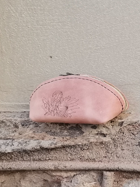 Hand Stitched Leather Bags with Protea etching