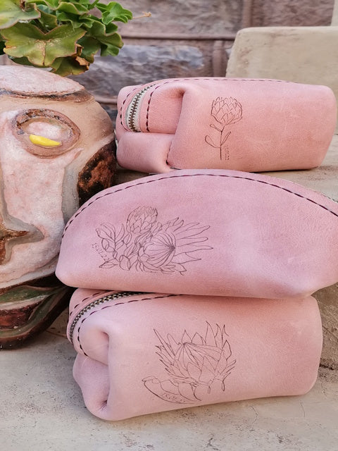 Hand Stitched Leather Bags with Protea etching
