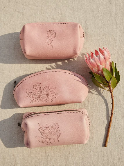 Hand Stitched Leather Bags with Protea etching