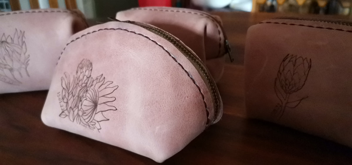 Hand Stitched Leather Bags with Protea etching