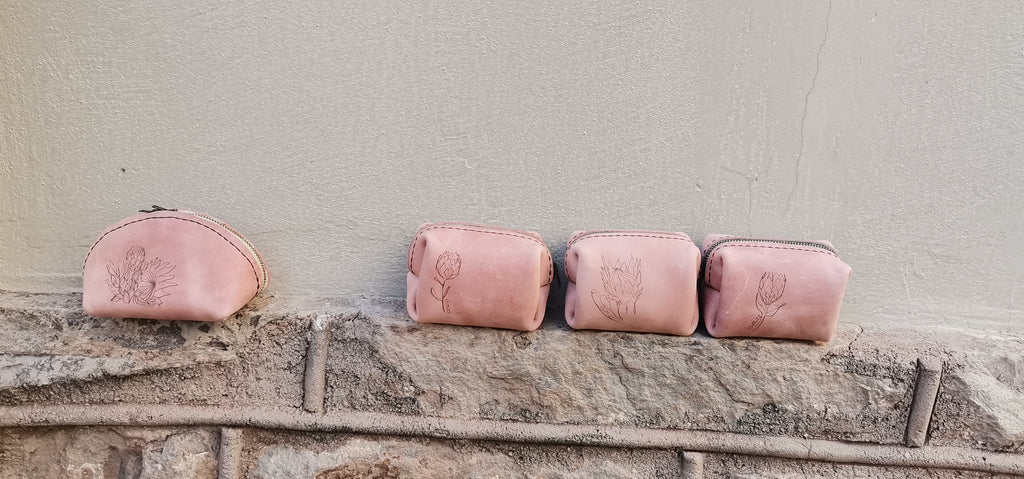 Hand Stitched Leather Bags with Protea etching